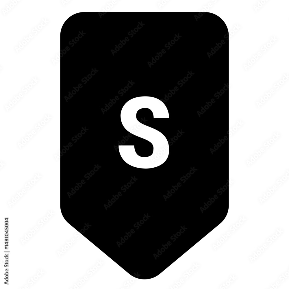 Poster black banner with rounded corners and pointed bottom displaying a white letter s in the center area