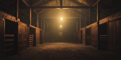 A large barn with a light shining on the floor