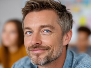Fototapeta premium Smiling man with stubble, wearing a blue shirt, looking confidently at the camera. Slightly blurred, colorful background with people. Bright lighting highlights facial features