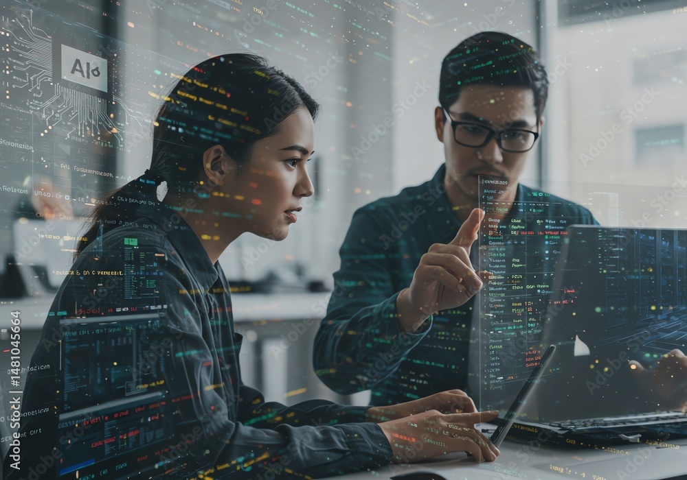 Poster developers discussing software on laptop computer