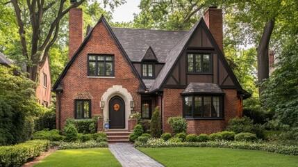Charming brick house with dark windows and well manicured lawn