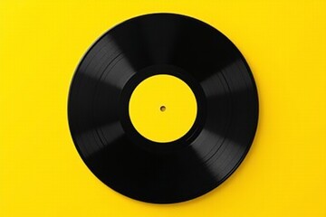 Black vinyl record on yellow surface for music industry, retro themes, vintage collections, and music themed designs in need of a unique touch.
