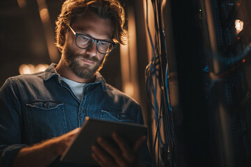 Man with glasses uses tablet in server room, showcasing technology, data analysis, and IT work