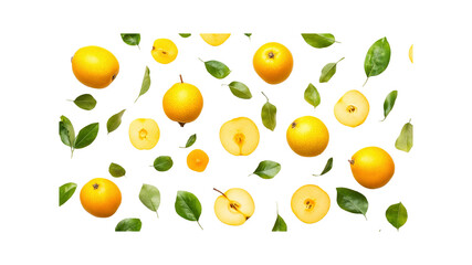 Vibrant Yellow Apples and Leaves on Transparent Background - Flat Lay Food Photography