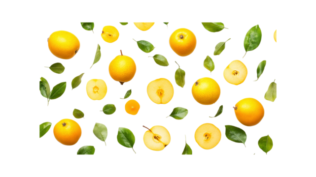 Vibrant Yellow Apples and Leaves on Transparent Background - Flat Lay Food Photography - Powered by Adobe