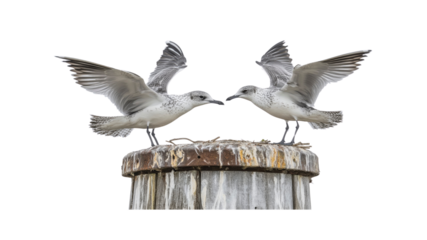 Two Seagulls Facing Each Other on a Weathered Wooden Post