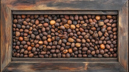 Coffee beans in rustic wooden frame overhead shot