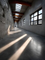 Modern indoor corridor with natural sunlight streaming through large windows and skylights, minimalist design, industrial aesthetic