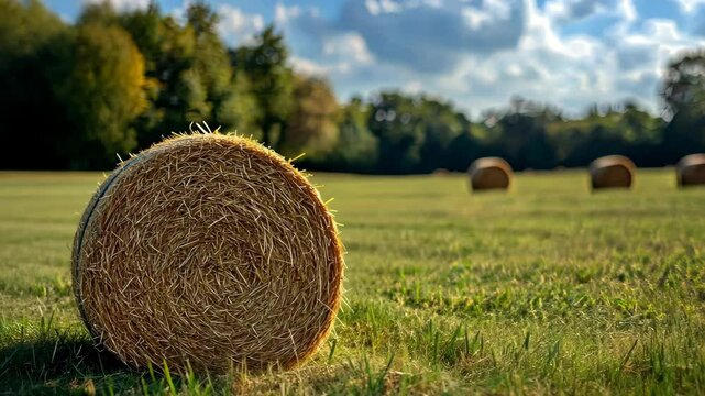 Golden Hay Bale in Serene Landscape: A close-up shot of a round hay bale in a vibrant field under a bright blue sky, capturing the warmth and tranquility of a harvest season.