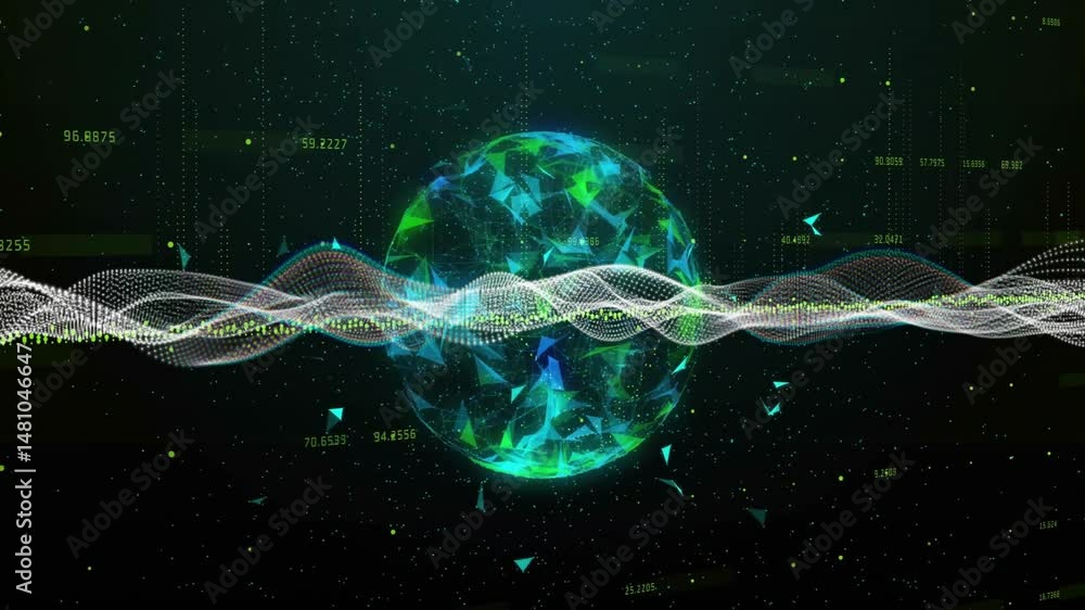 Poster 3D spherical mesh globe rotating within data space, streaming particle waveform and numeric values