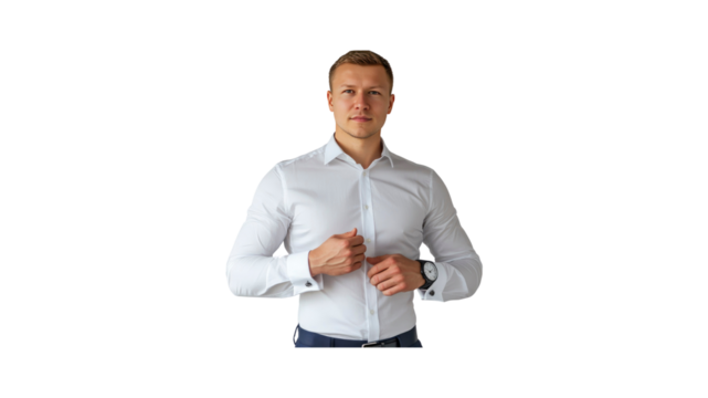 Confident Young Businessman Adjusting Cufflinks in a Crisp White Shirt