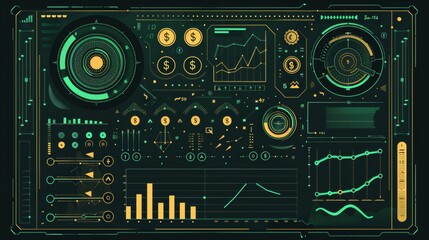 Fototapeta premium flat design finance dashboard with coins and upward arrows green and gold .