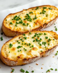 Two slices of toasted bread topped with melted cheese and chives