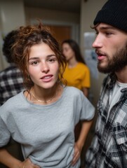Fototapeta premium Close-up of young woman and man having conversation in indoor social gathering, casual attire, diverse friends