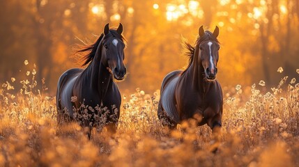 Two Horses Running Golden Meadow