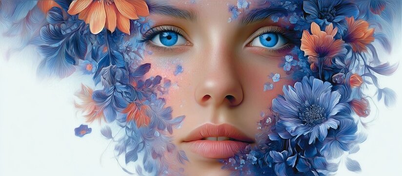 A beautiful woman with blue eyes and colorful flowers on her face, against a white background.