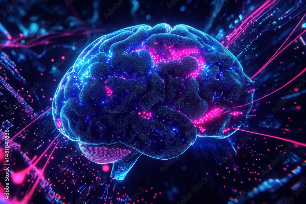 Poster a vibrant digital illustration of the human brain, illuminated in neon colors against an abstract ba