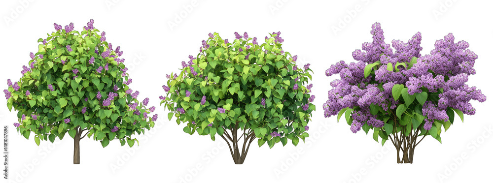 Poster three lilac bushes in various stages of bloom isolated on a transparent background the bushes are in