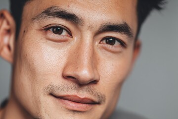 Close-up portrait of a man with short dark hair, well-groomed eyebrows, and slight facial hair. He has a mild smile and smooth skin, conveying a confident and approachable demeanor