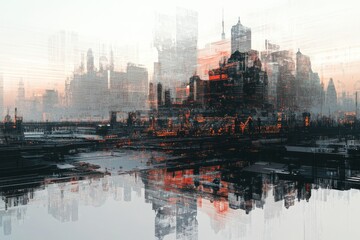 Fototapeta premium Urban landscape with partial glitch art effect reflecting creative abstract design for digital projects