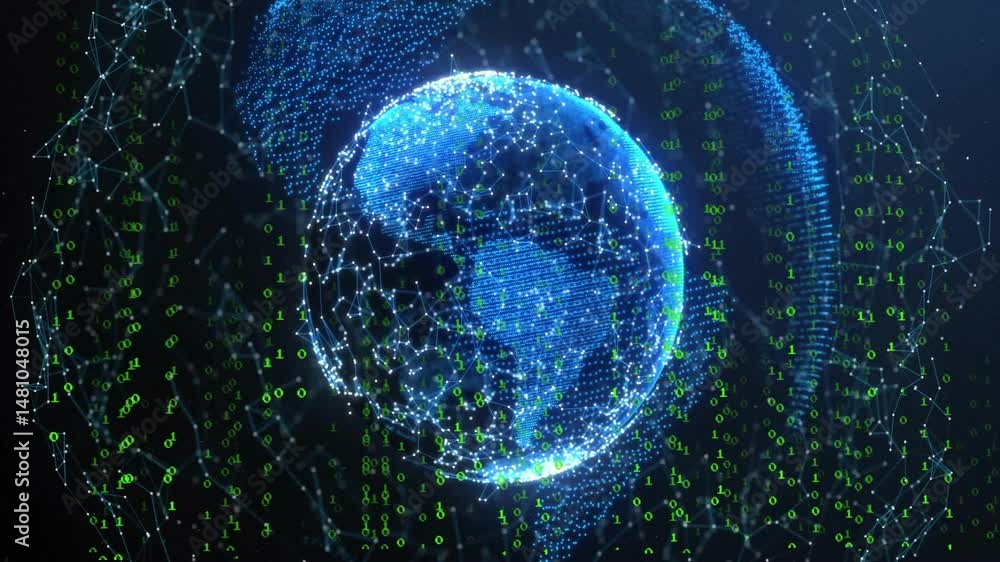 Poster 3d globe forming from glowing blue dots and lines, rotating, sending binary code over dark grid