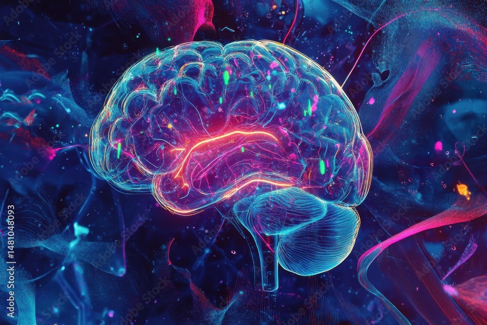Poster a vibrant digital illustration of the human brain with glowing neon lights, set against an abstract 