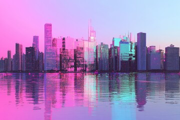 Fototapeta premium Urban landscape with futuristic glitch effect reflecting on water