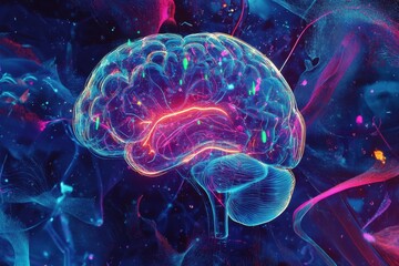 Fototapeta premium A vibrant digital illustration of the human brain with glowing neon lights, set against an abstract background of interconnected lines and data points symbolizing artificial intelligence Generative AI