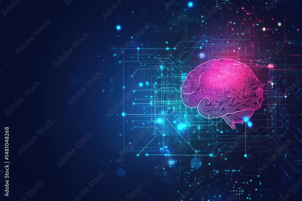 Poster Digital brain with neon circuit patterns, symbolizing artificial intelligence and technology The background is a dark blue digital grid representing data flow or a cyber network Generative AI