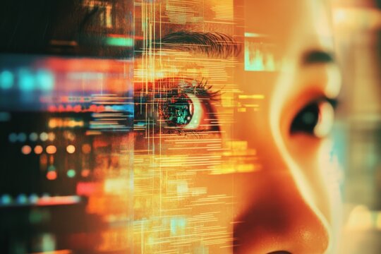 Close up of facial recognition interface and technology in cybersecurity