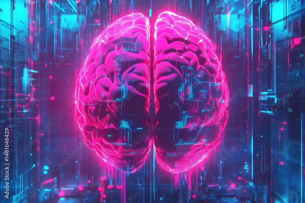 Aufkleber a vibrant digital illustration of the human brain with neon pink and blue circuit patterns, set agai