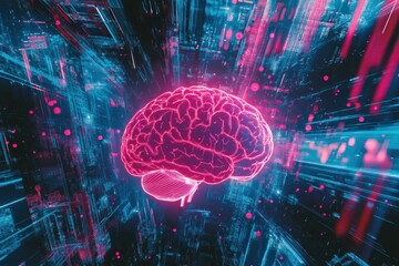 A vibrant digital illustration of the human brain with neon pink and blue circuit patterns, set against an abstract background that suggests technology or artificial intelligence Generative AI