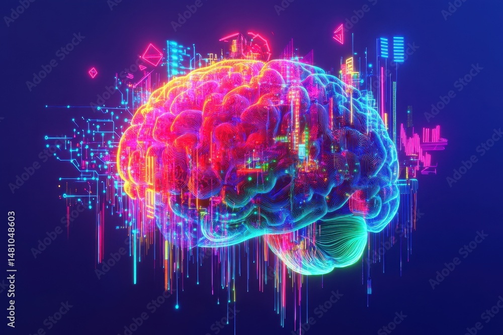 Poster A vibrant digital illustration of the human brain, rendered in neon colors and surrounded by an array of glowing data points and circuit patterns Generative AI