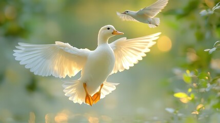 Obraz premium Two white birds in flight amongst blossoms