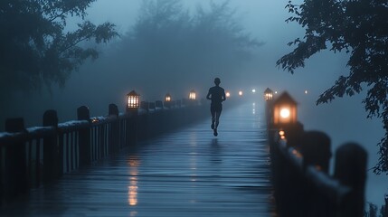 A solitary runner jogs along a misty wooden bridge, illuminated by lanterns at dusk
