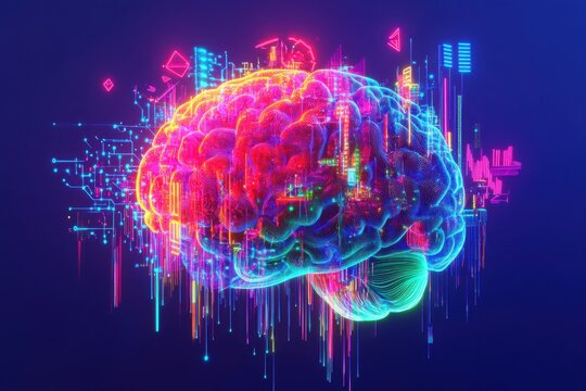 A vibrant digital illustration of the human brain, rendered in neon colors and surrounded by an array of glowing data points and circuit patterns Generative AI