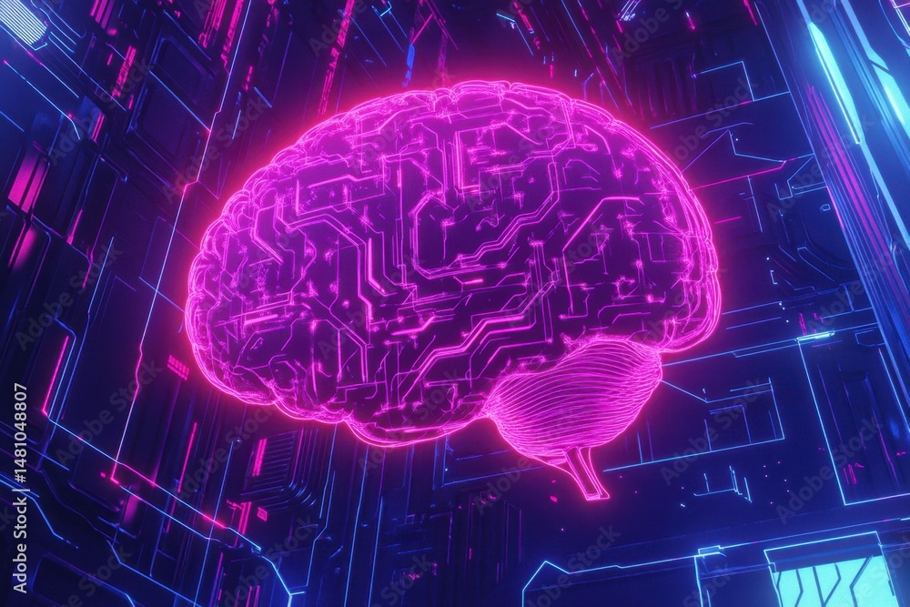 Poster a digital brain made of neon lights, connected by glowing circuit patterns on an abstract background