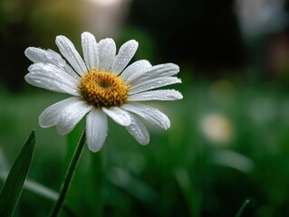 White daisy flower covered with dew drops, centered in focus against a lush green blurred background. The petals have small water droplets, and the center is vibrant yellow