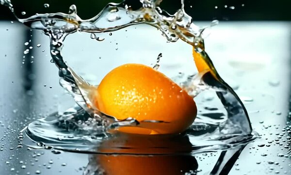 An orange falls on a wet table. Filmed on a high-speed camera at 1000 fps. High quality FullHD footage