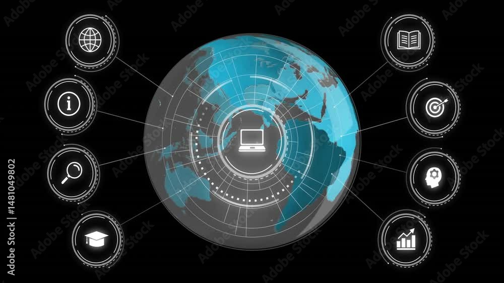 Aufkleber rotating 3d render earth sphere connecting eight icons with glowing grid lines and laptop icon