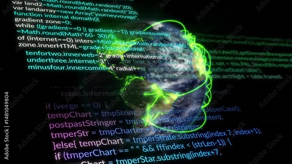Poster 3d rotating earth globe projecting neon-green network lines across digital void with floating code