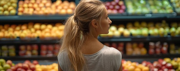 A blonde woman with her hair in a ponytail stands at the grocery store, facing away from us and