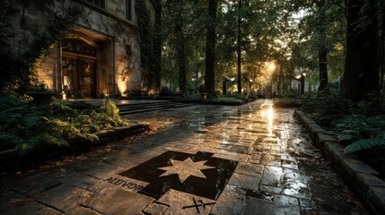 Fototapeta premium Sunlit Pathway Leading to an Enchanted Entrance with Star Emblem Surrounded by Lush Greenery a