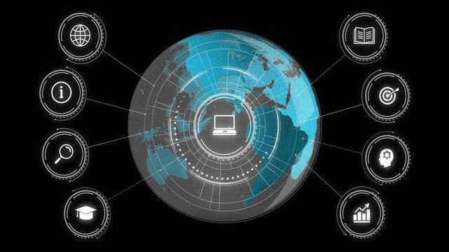 Rotating 3D render earth sphere connecting eight icons with glowing grid lines and laptop icon