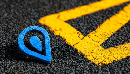 Close-up of a blue location marker on asphalt.