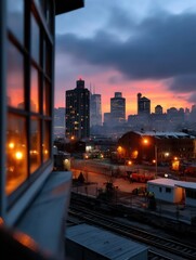 Fototapeta premium Cityscape at Sunset with Tall Buildings and Urban Lights in a Modern Downtown Area
