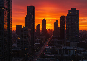 Fototapeta premium Vibrant sunset illuminating a city skyline with silhouetted skyscrapers against a colorful sky