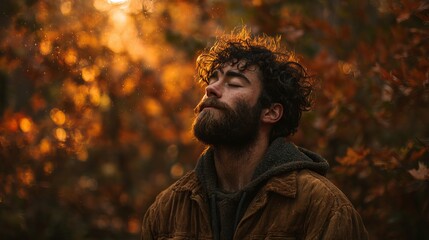 Handsome Bearded Man Autumn Golden Sunlight Peaceful Nature Portrait Outdoors Relaxed Serene Calm Breath Deep Breath Fall Season Moody Atmosphere     