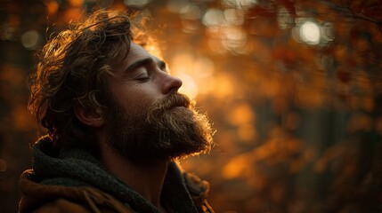 Man with Long Brown Beard Peaceful Autumn Sunset Golden Light Nature Portrait Outdoors Calm Peaceful Serene Relaxed Meditation Breath Deep Breath     