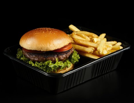 Burger and fries in a takeaway container